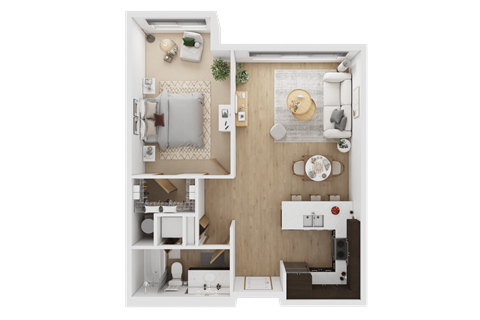 Floor plan for 1 bed, 1 bath, 675 sqft